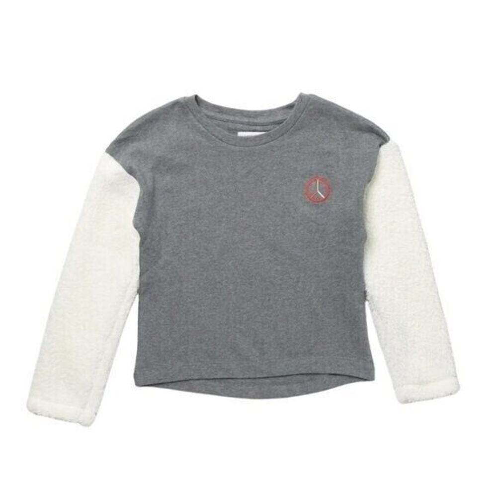 Harper Canyon Girls Sherpa Sleeve Colorblock Pullover in Grey Ivory Peace Medium